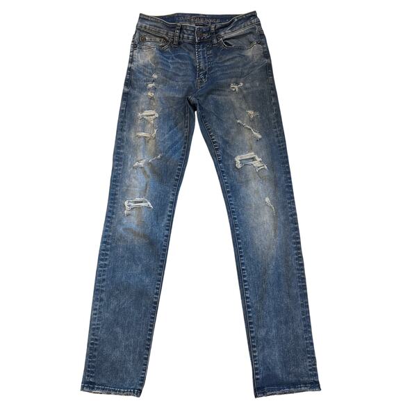 American Eagle Jeans Mens Size 28x32 Blue Jean Slim Tapered Leg Stretch Thrashed - Picture 1 of 11